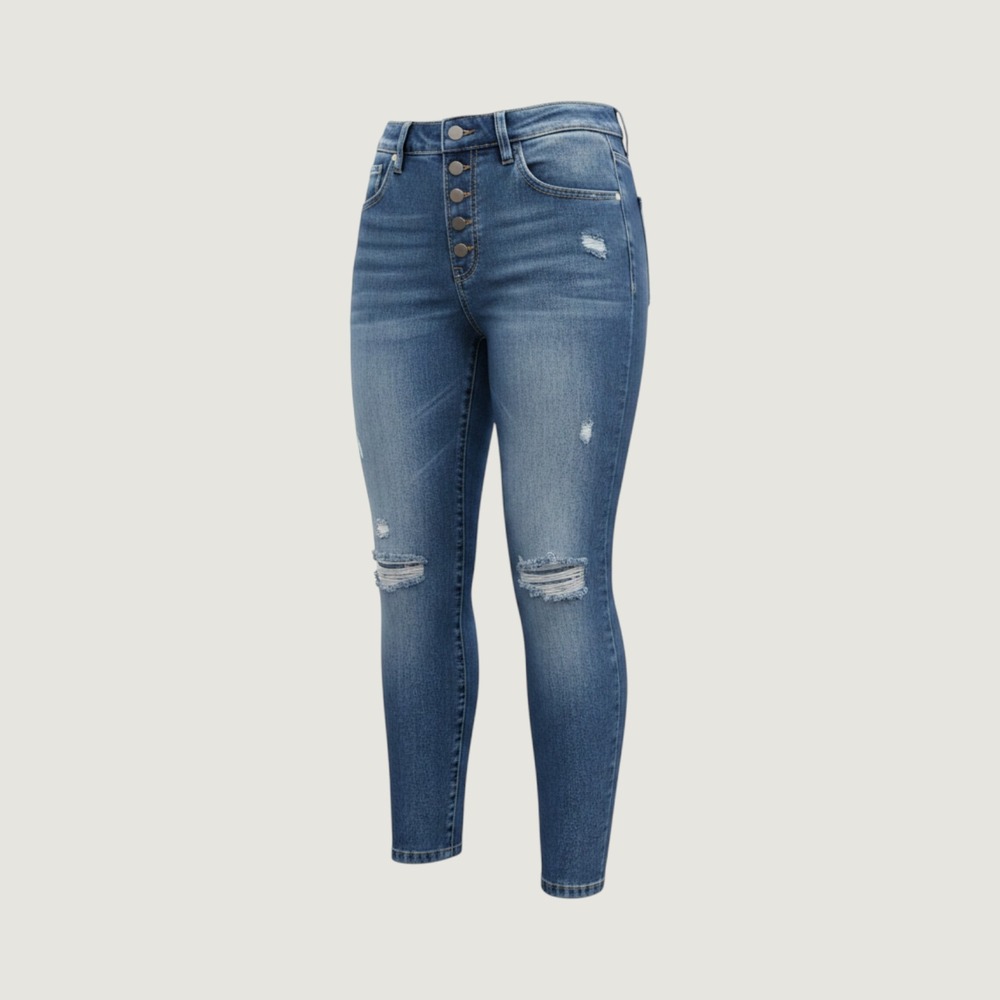 Cabi 6068 Button Fly Straight Leg Distressed Skinny Wash Jeans Womens Size 2